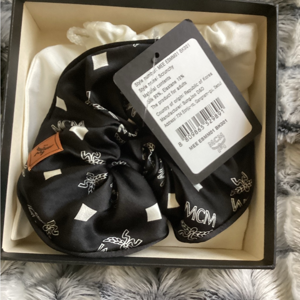 Mcm Black Logo Silk Scrunchie With Tan Leather Tab
